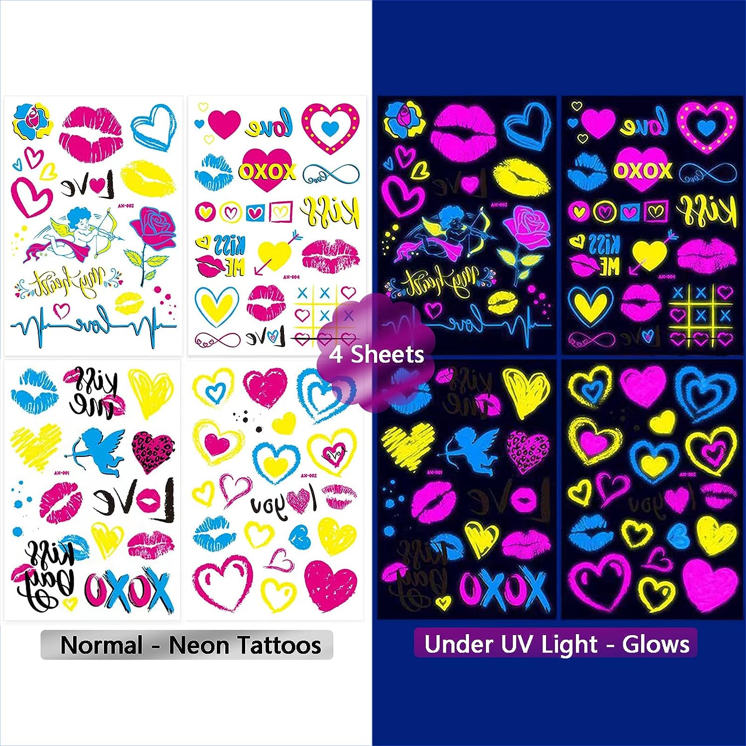 Fluorescent Heart Graffiti Flower Arm Tattoo Sticker Face Sticker