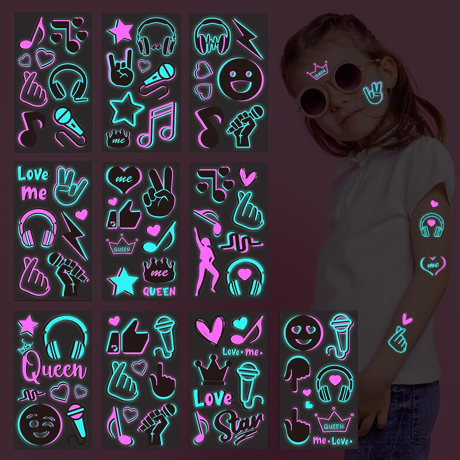 Glow in The Dark Temporary Tattoos for Kids Adults,10 Sheet Neon Music Party Body Face Tattoos Waterproof Fake Tattoos Stickers 
