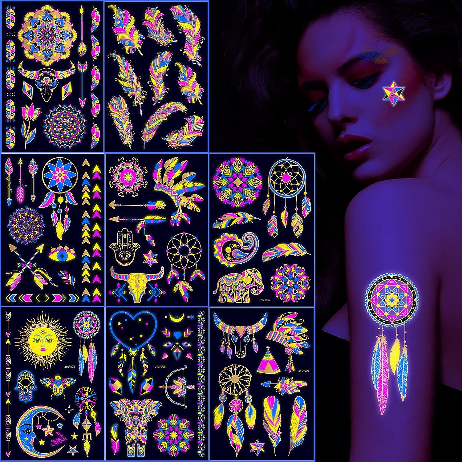 Neon Metallic Gold Temporary Tattoos Glow In The Dark UV Neon Tattoos Stickers 80 Glitter Styles Mandalas Feather Elephants Horns Party Decoration for Adults Kids