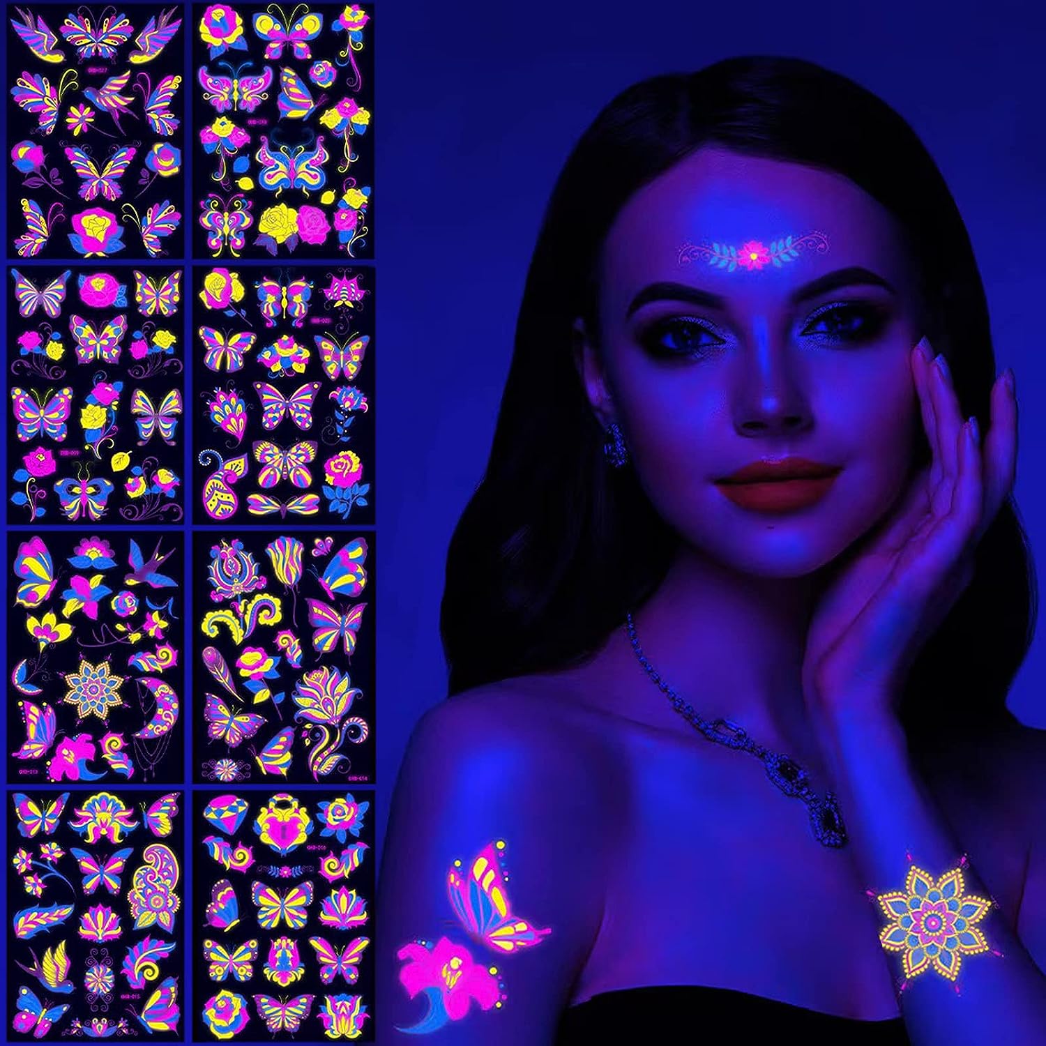 Neon Temporary Tattoos 8 Large Sheets Butterfly Flower Swallow Glitter Tattoos Stickers 100+Mixed Style New Cute Animal Glow In The Dark UV Neon Flash Fake Tattoos