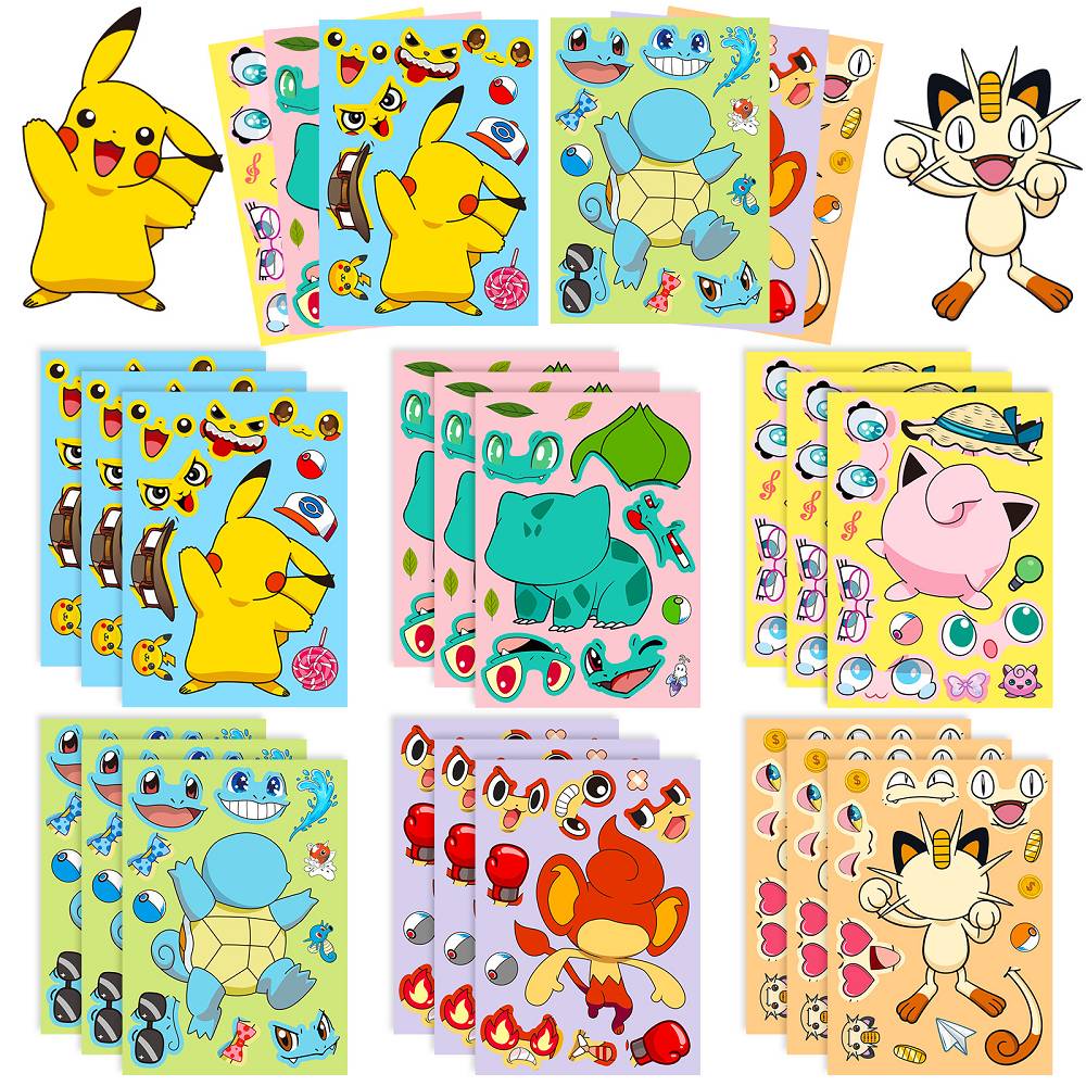 6 pcs/pack Pokémon face-changing stickers Children's animation cartoon parent-child interactive puzzle puzzle DIY stickers