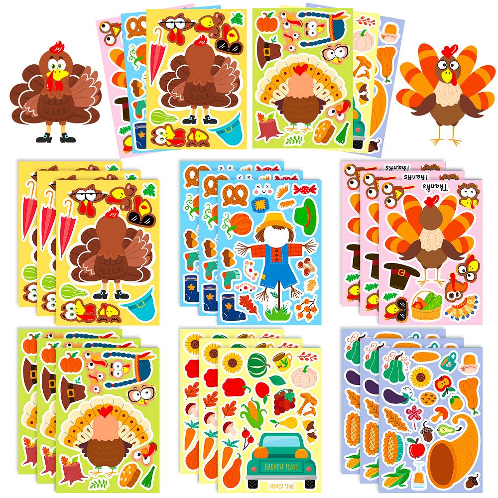 6 sheets/pack turkey Thanksgiving puzzle face-changing stickers Amazon cross-border new product cartoon turkey puzzle DIY stickers