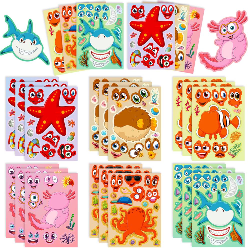 6 pcs/pack of marine life cartoon face-changing stickers