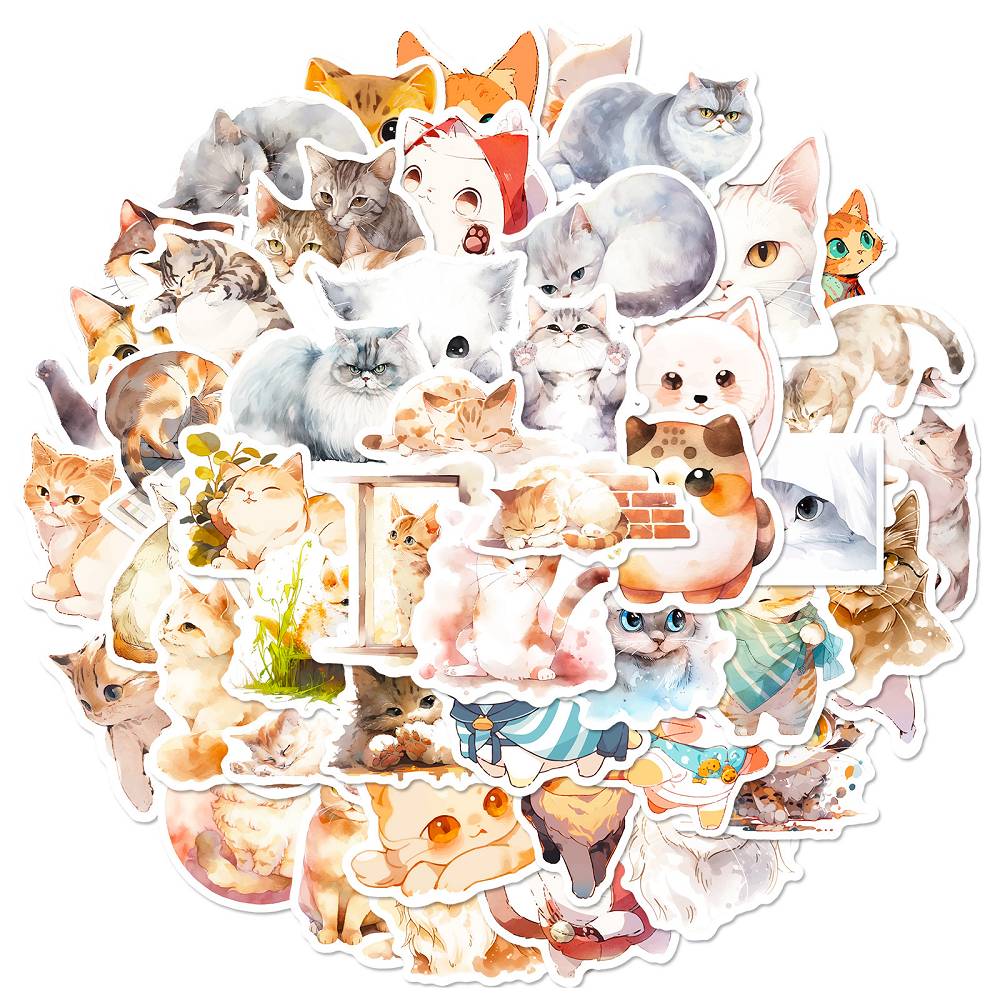 50 Watercolor Cat Stickers Cartoon Cute Cat Watercolor Stickers Decorate Suitcase Guitarist Ledger Stickers