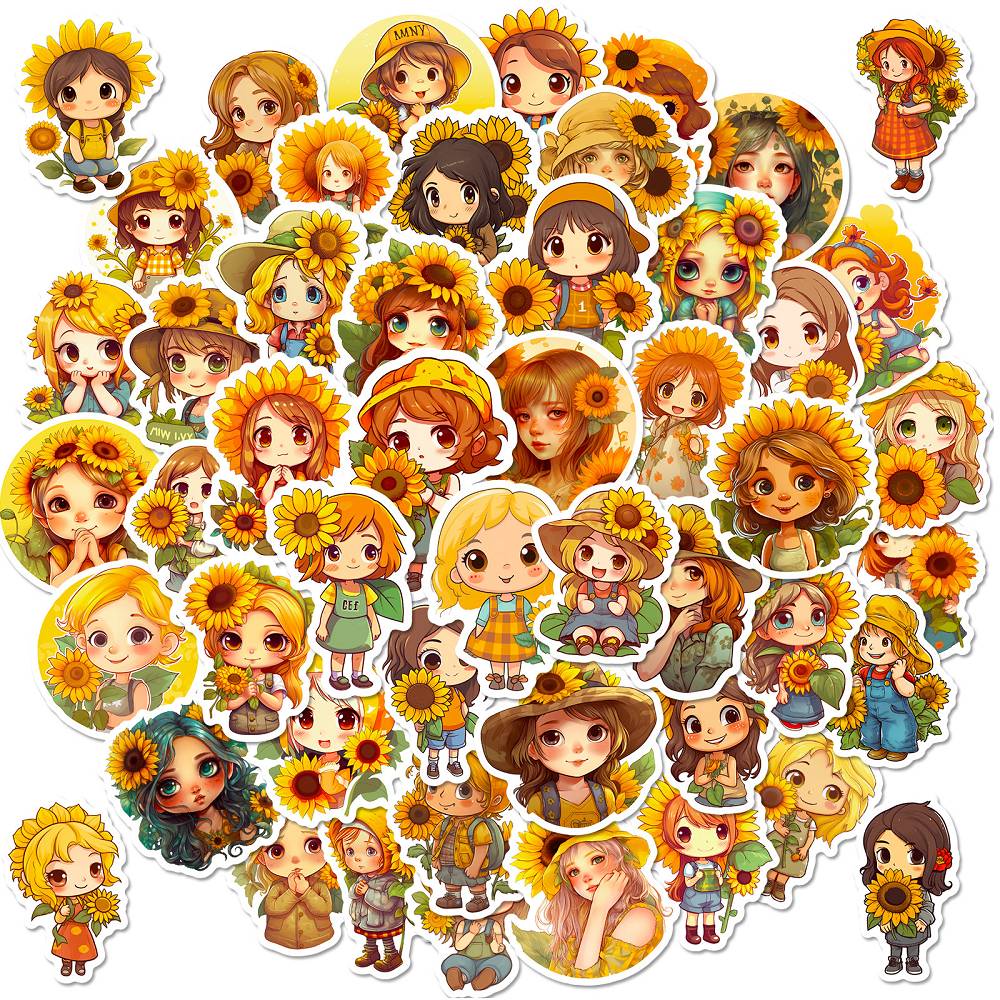 50 pieces of sunflower girl stickers cross-border new sunflower cartoon graffiti stickers plant flowers DIY stickers