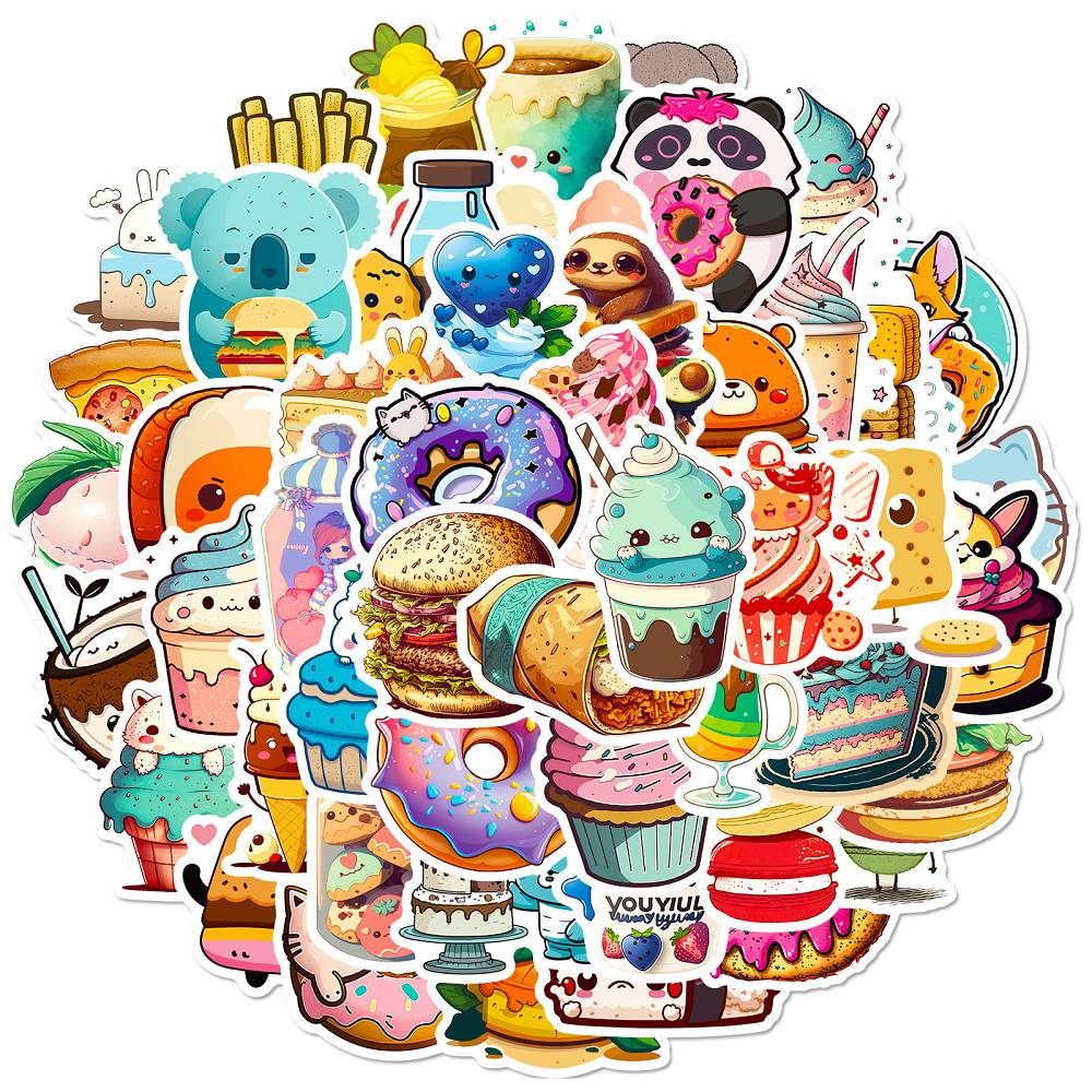 50 pieces of donuts, burgers, coffee, gourmet stickers, desserts, girls, children, foodies, graffiti, cake stickers, cross-border