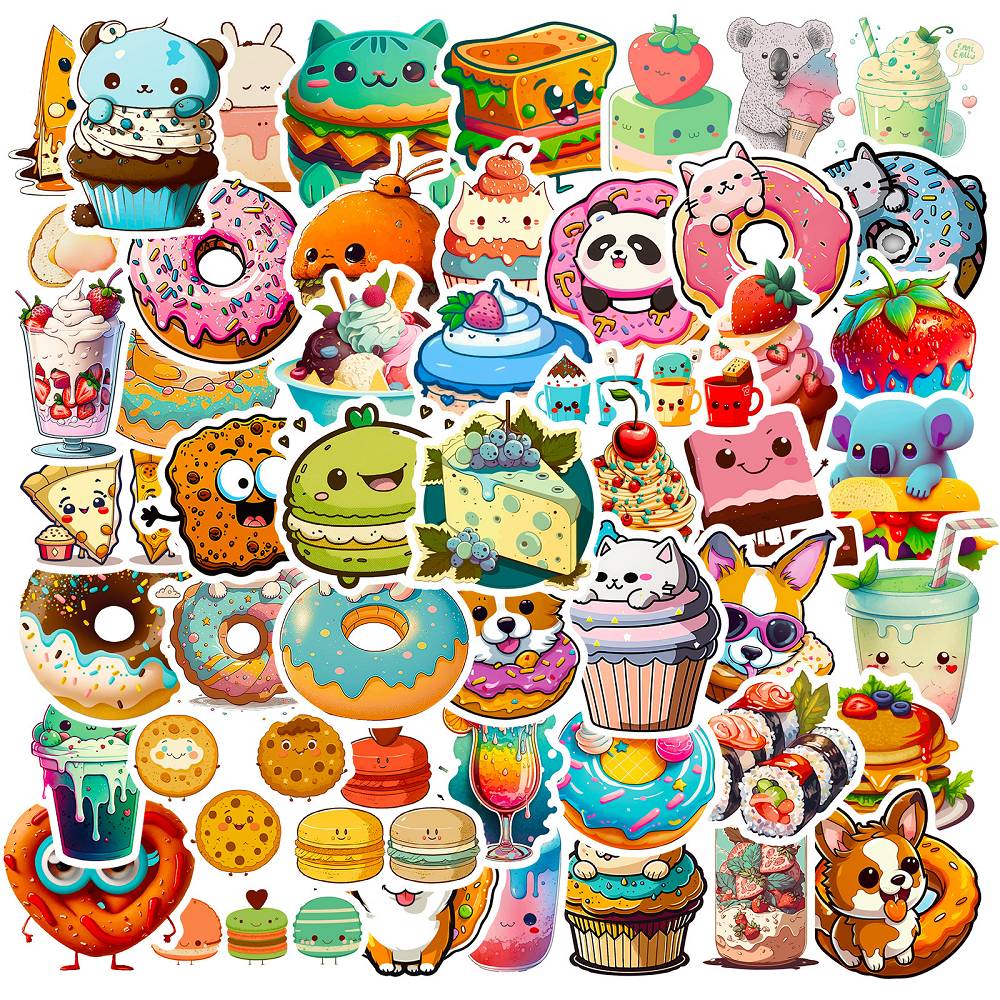 50 pieces of donut mix and match small animal stickers cross-border ice cream toast milk tea creative gourmet stickers Amazon