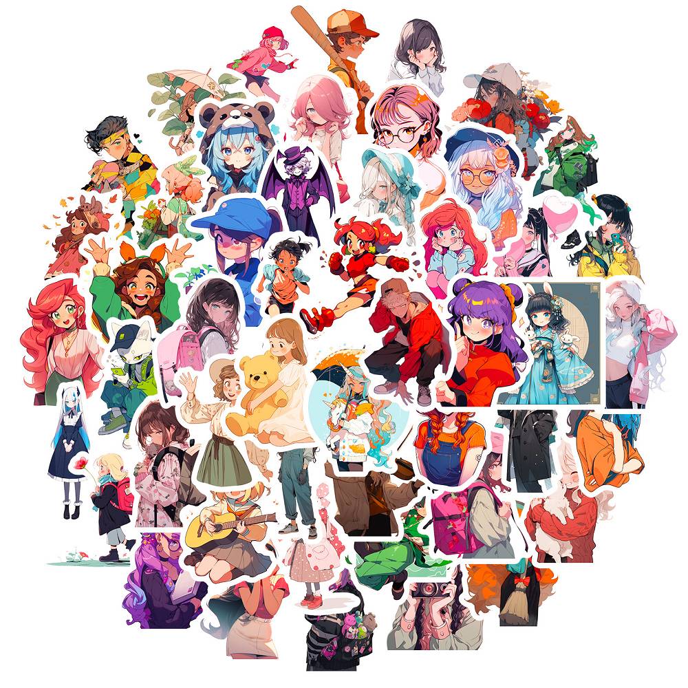 50 pieces of anime-style character mix-and-match stickers cross-border new retro vitality girl cartoon anime stickers wholesale