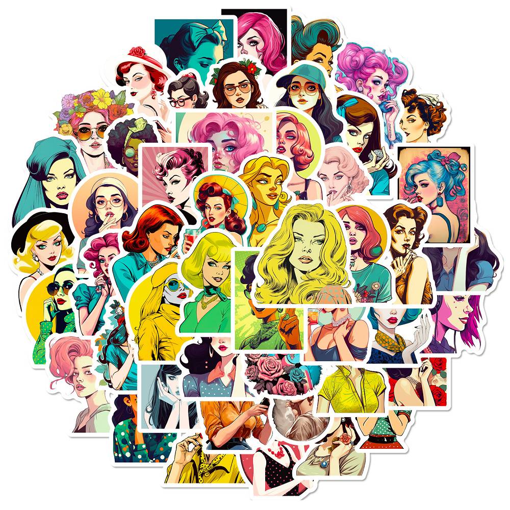 50 fashion girl stickers cross-border new European and American personality pop retro pretty girl character stickers wholesale