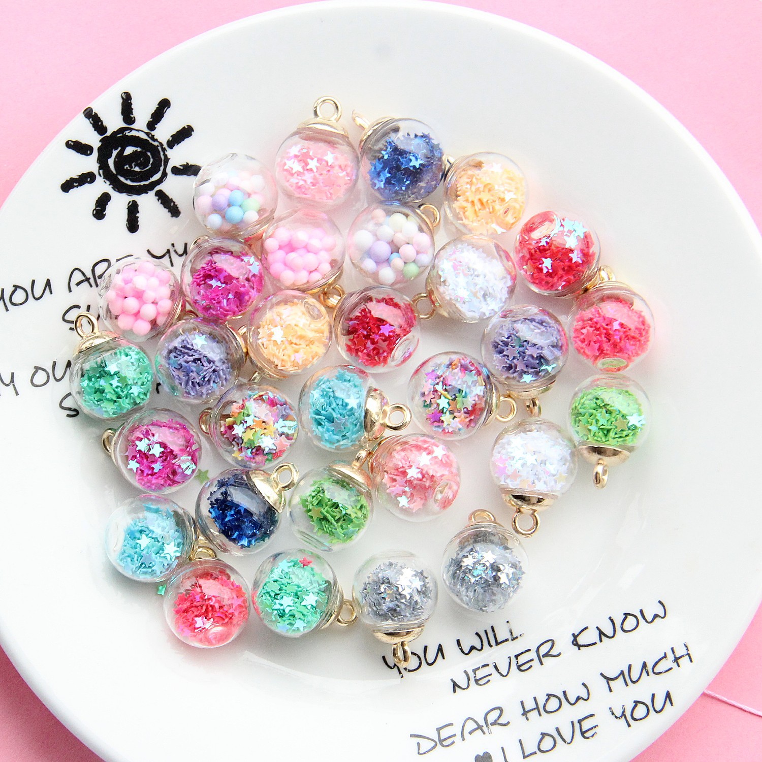 Random Mix 10 pcs Crystal glass ball pendant with five pointed stars and flowing sand sequins DIY accessories