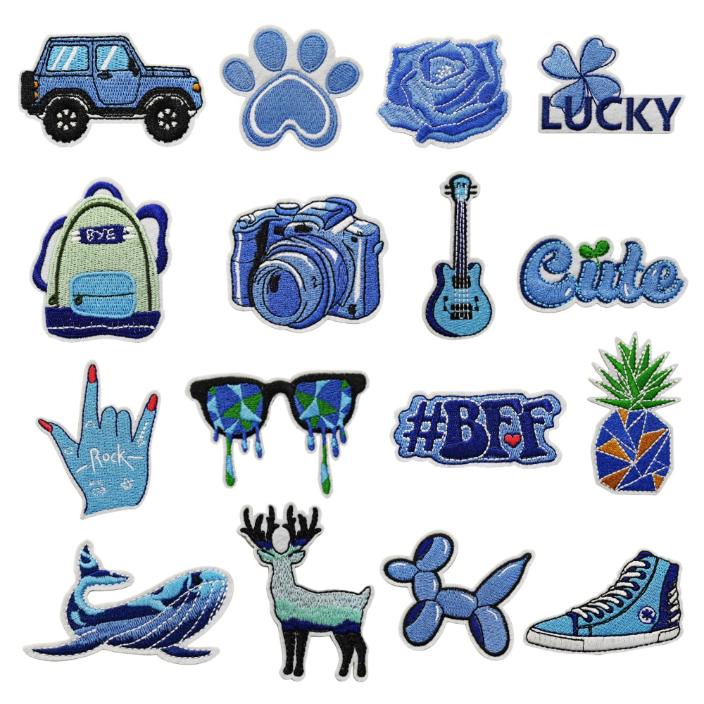 16PCS Personalized Blue Series Ironing Sewing Patch Embroidered Cloth Patch Set