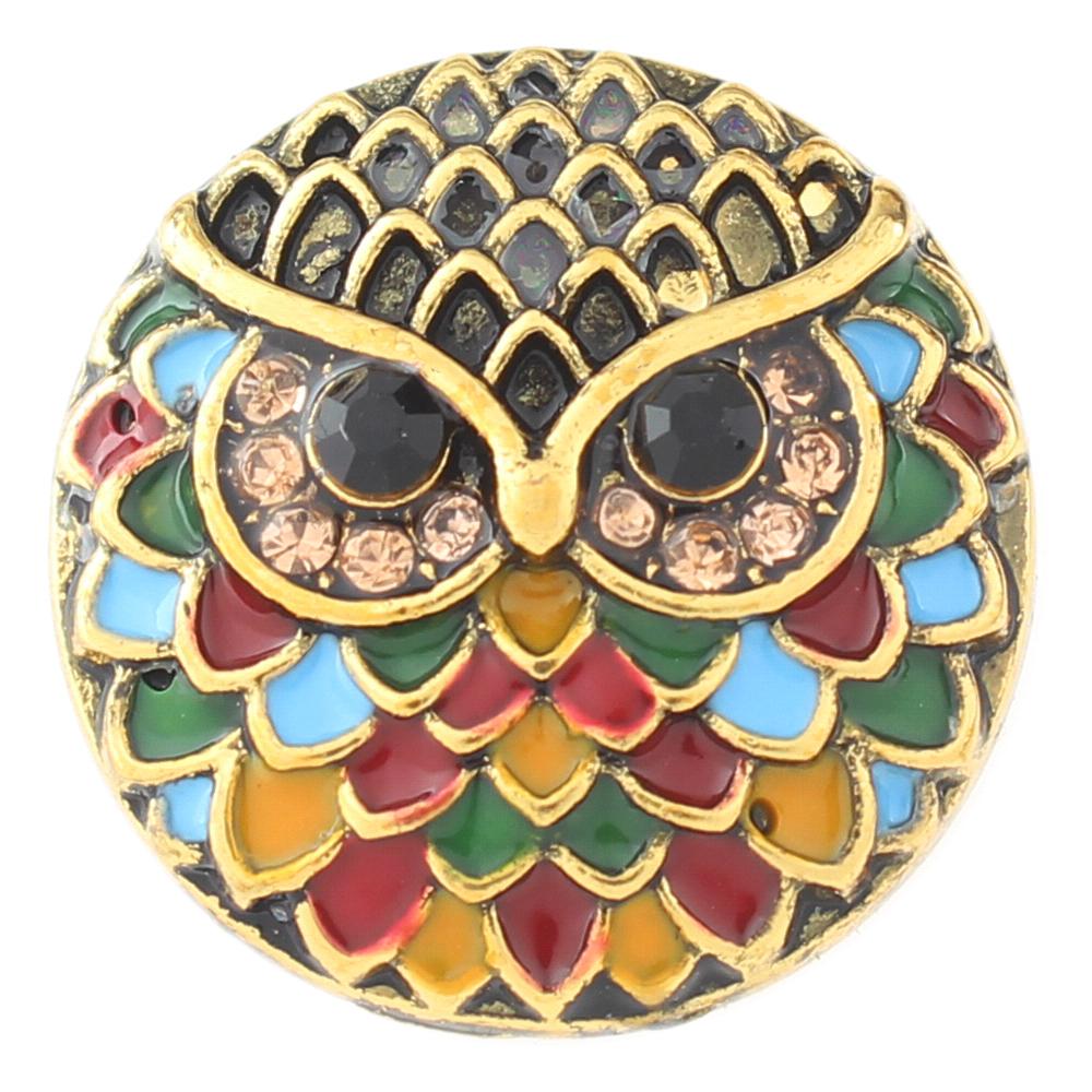 Colorfu Owl design plated golden with rhinestone 20mm Snap Button