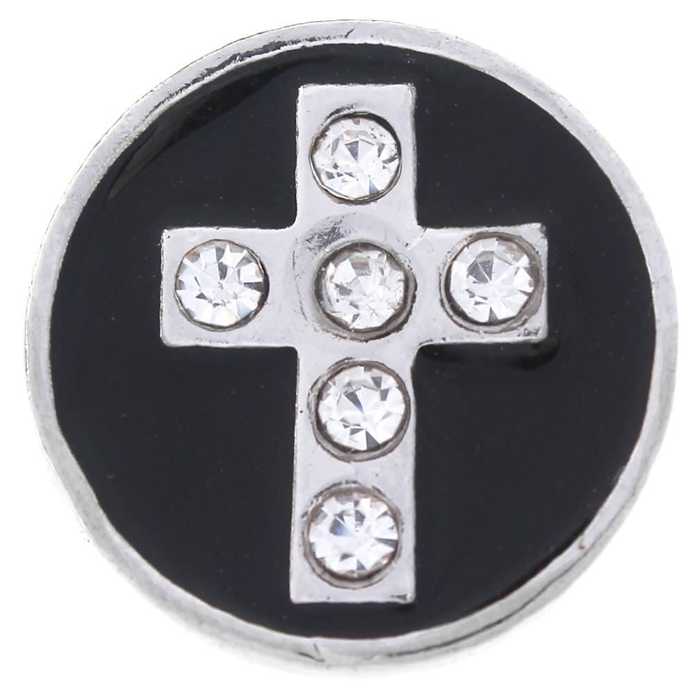 Black Enamel and White Crystal Faith Cross Snap Button