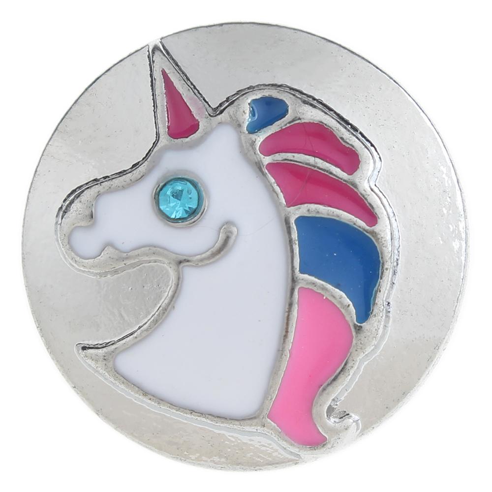 20mm unicorn Snap Button plated sliver with rhinestone
