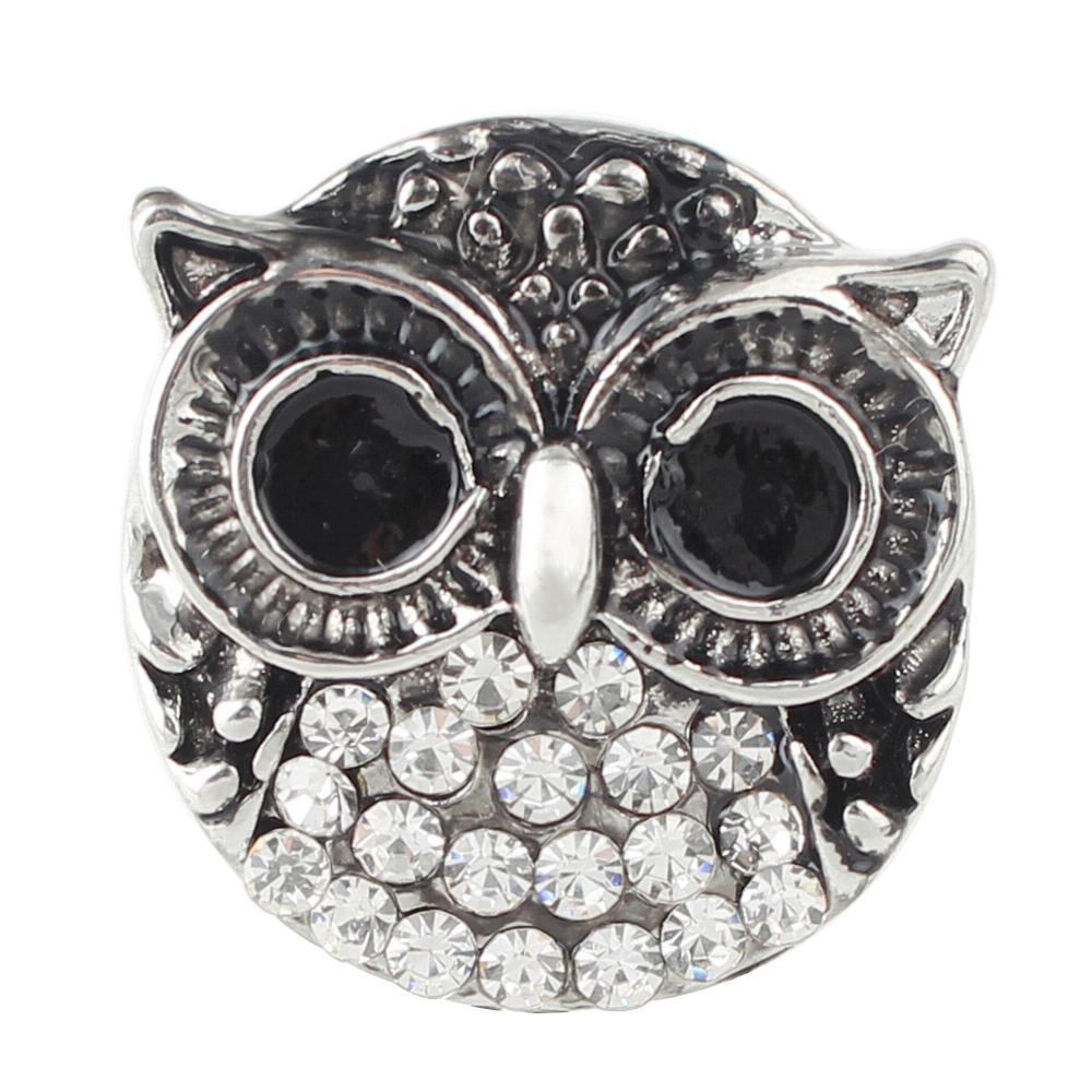 Owl Silver plated White Crystal 20mm Snap Button