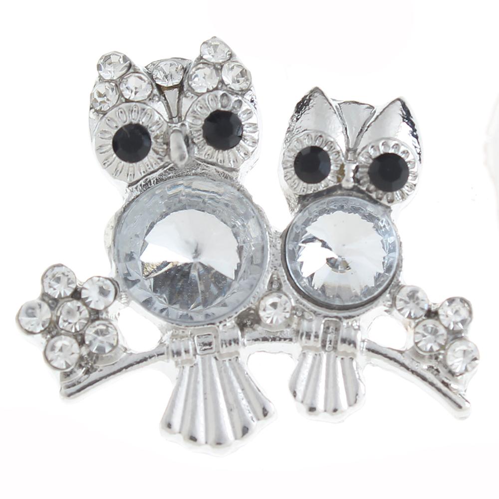 20mm owl Snap Button plated sliver with rhinestone