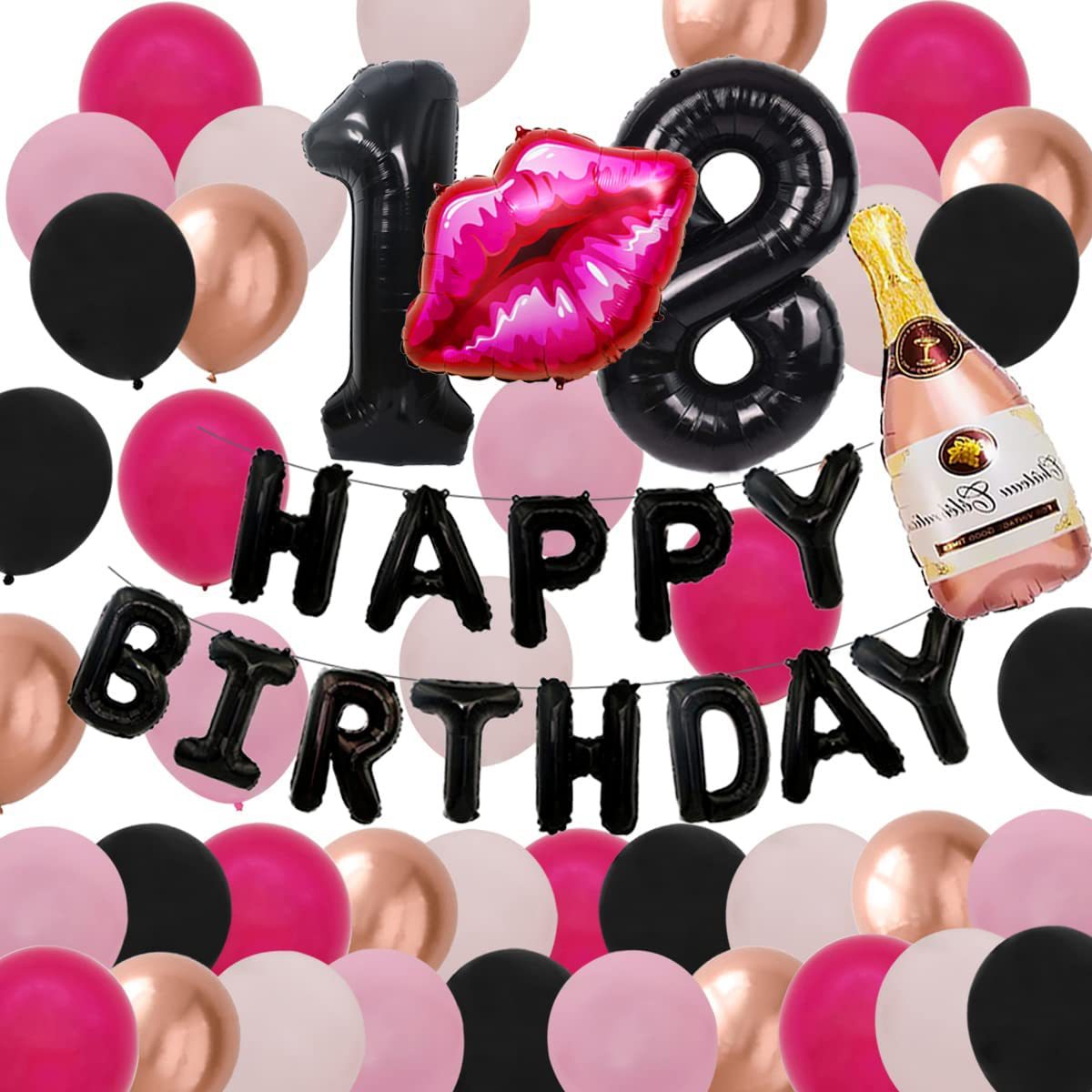 Happy 18th Birthday Black Pink Girls Birthday Party Red Lips Champagne Sequins Gradient Foil Balloon Decoration