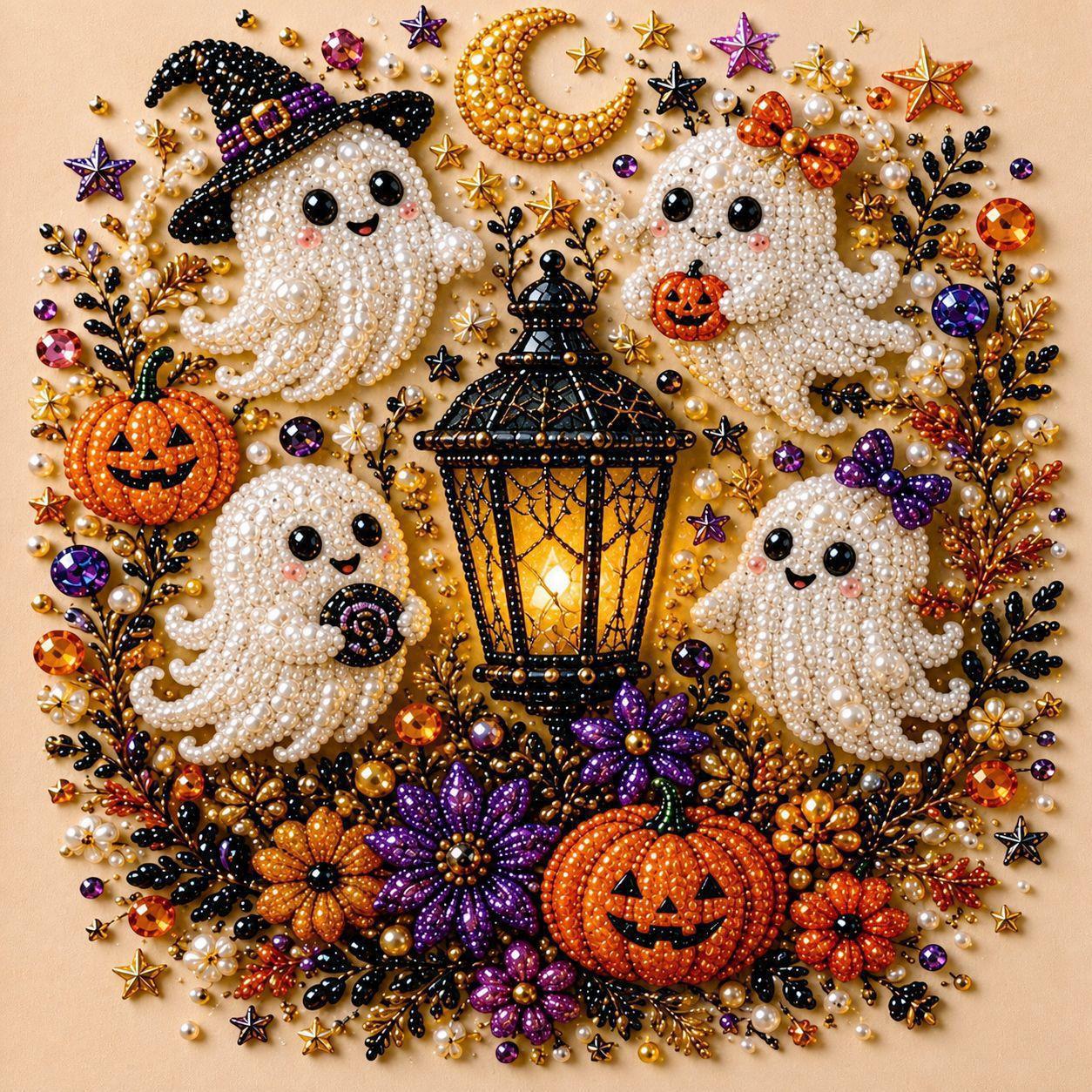 20*20cm Halloween Ghost Pearl Art DIY Kit, Pearl Art DIY Kit Set, Ghost Theme Design, DIY Creative Activity, Art Craft Kit with Pearl Beads, Handmade Craft Project for Adults