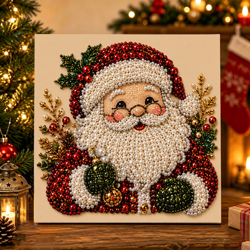 20*20cm Christmas Pearl Diamond Painting Art Kit with Frame, DIY Pearl Beads Art Craft Kit for Adults Beginner, Gemstone Diamond Dots Beads for Home Decor Wall Art, Party Gift