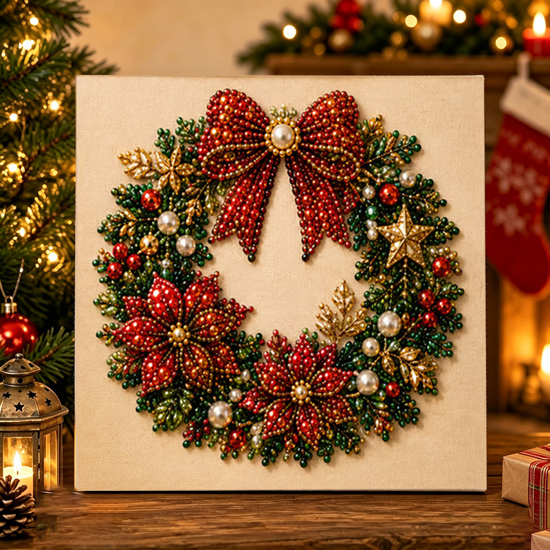 20*20cm Christmas Pearl Diamond Painting Art Kit with Frame, DIY Pearl Beads Art Craft Kit for Adults Beginner, Gemstone Diamond Dots Beads for Home Decor Wall Art, Party Gift