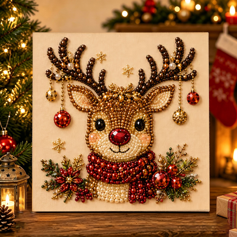 20*20cm Christmas Pearl Diamond Painting Art Kit with Frame, DIY Pearl Beads Art Craft Kit for Adults Beginner, Gemstone Diamond Dots Beads for Home Decor Wall Art, Party Gift