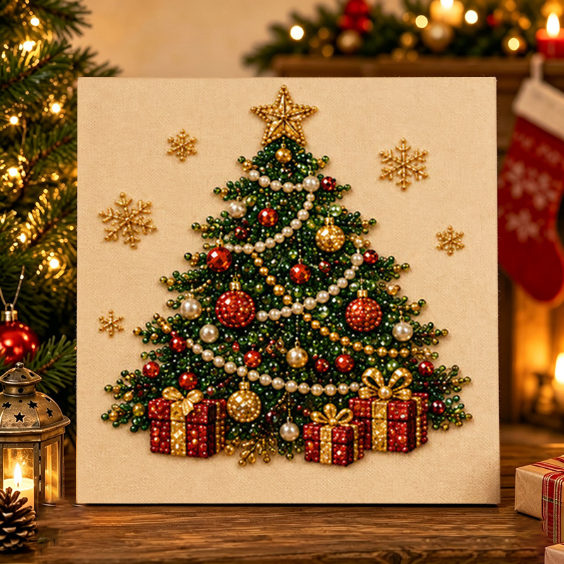 20*20cm Christmas Pearl Diamond Painting Art Kit with Frame, DIY Pearl Beads Art Craft Kit for Adults Beginner, Gemstone Diamond Dots Beads for Home Decor Wall Art, Party Gift