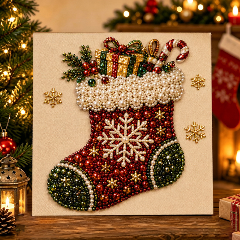 20*20cm Christmas Pearl Diamond Painting Art Kit with Frame, DIY Pearl Beads Art Craft Kit for Adults Beginner, Gemstone Diamond Dots Beads for Home Decor Wall Art, Party Gift