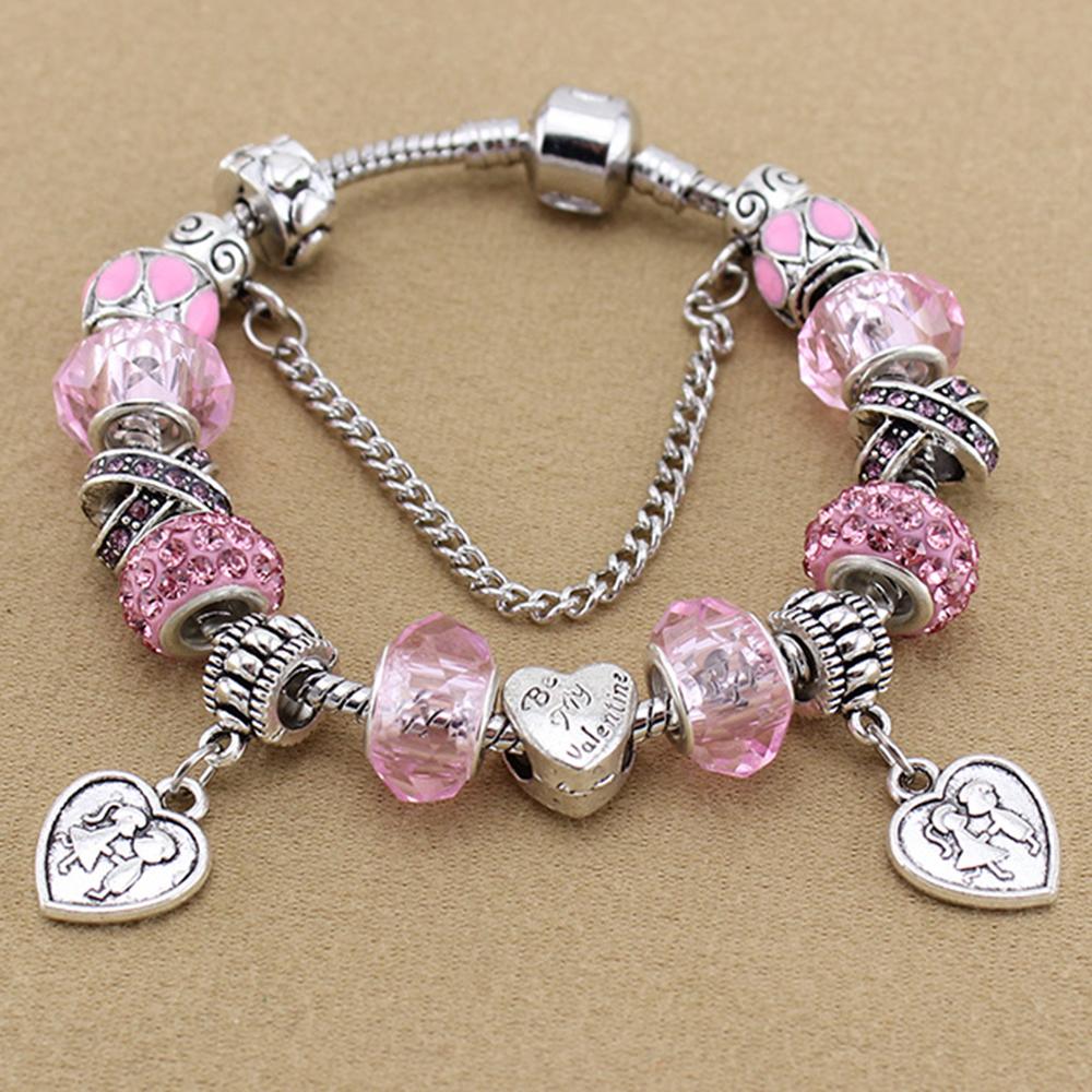 Wholesale Lot 20pcs Pink Symbol Silver Enamel European Bracelet Charm Beads D74 