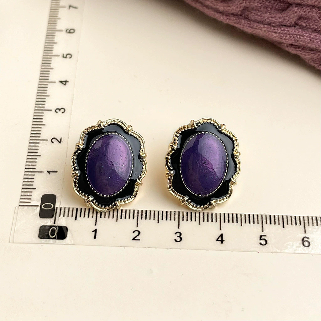 French retro purple oil drop earrings for women with super fairy temperament and sweet flower earrings with silver needles