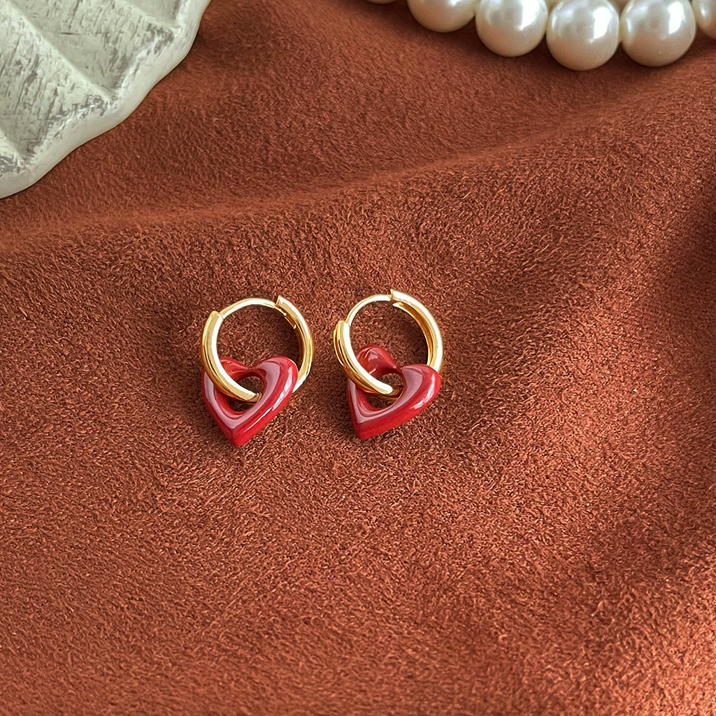 Retro wine red oil drop earrings niche light luxury pearl earrings with silver needles